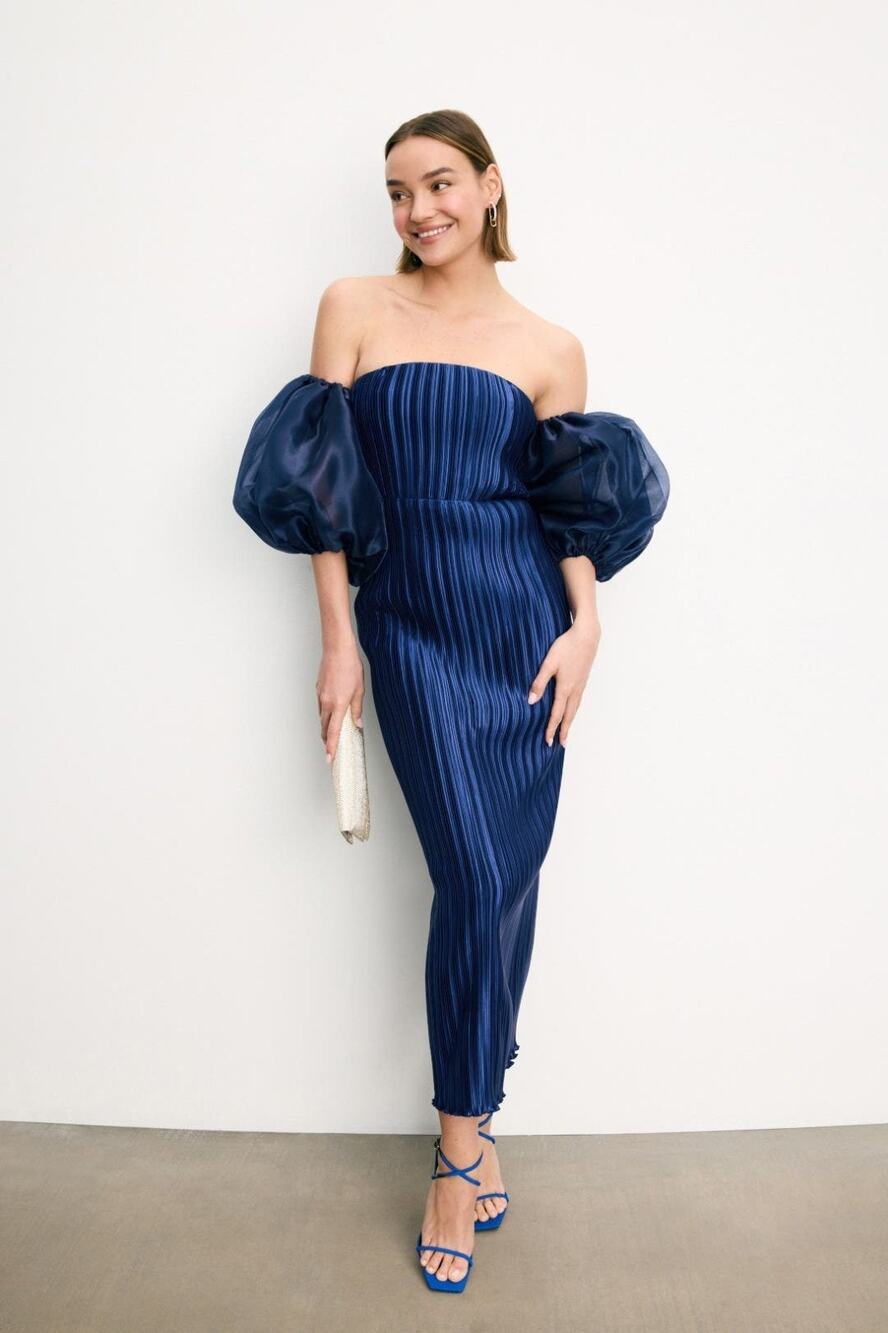 L'IDEE Off Shoulder Puff Sleeve Blue Midi Dress US 10